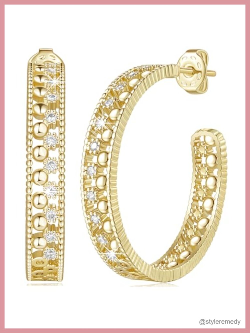 14k Gold Plated Hoop Earrings Cubic Zirconia C-Shaped Push Back